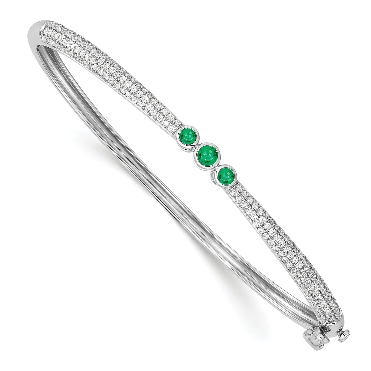 14K White Gold Lab Grown Diamond and Created Emerald Bangle