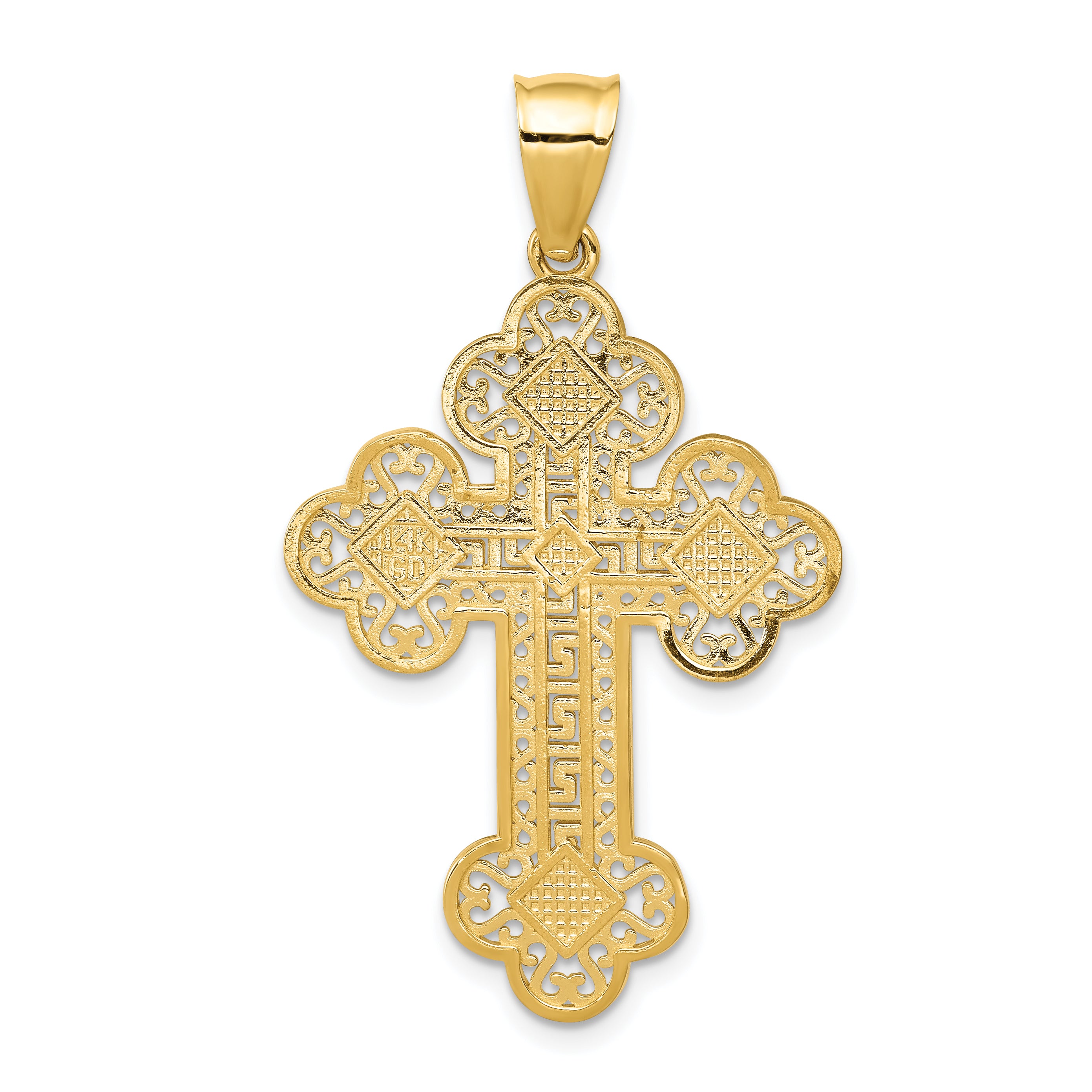 14k Budded Greek Key Cross Pendant