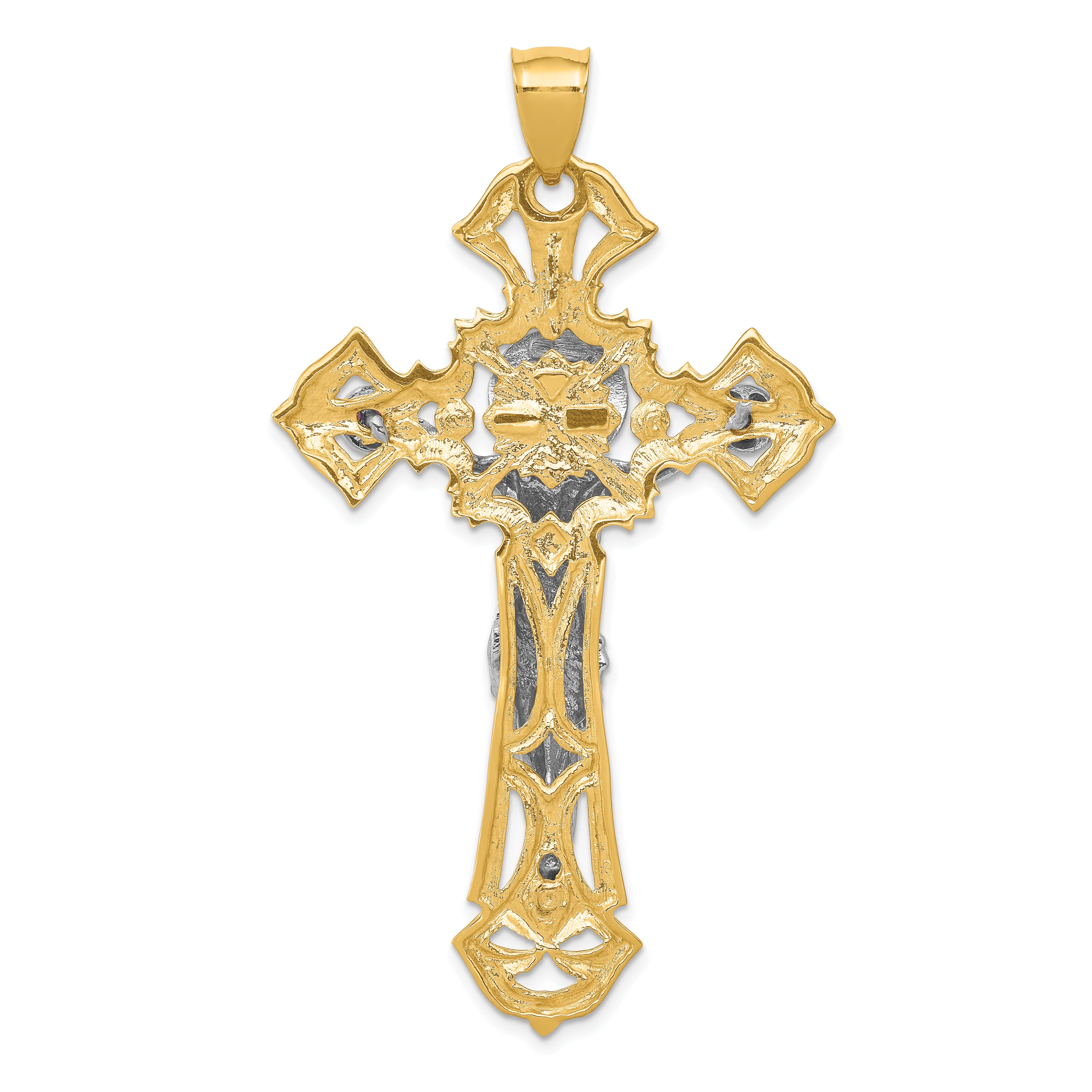 14k Two-tone Polished with Red CZs Crucifix Pendant