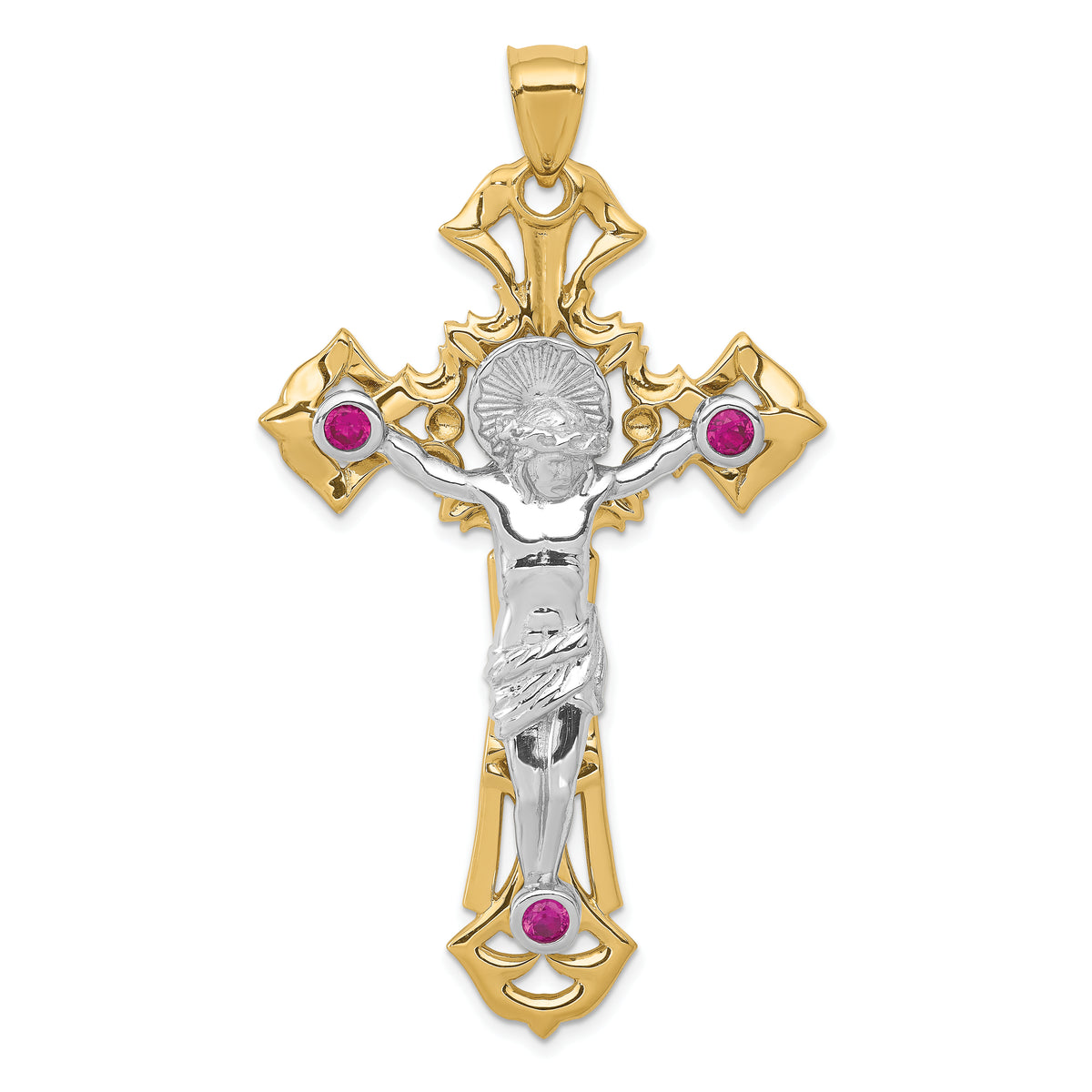 14k Two-tone Polished with Red CZs Crucifix Pendant