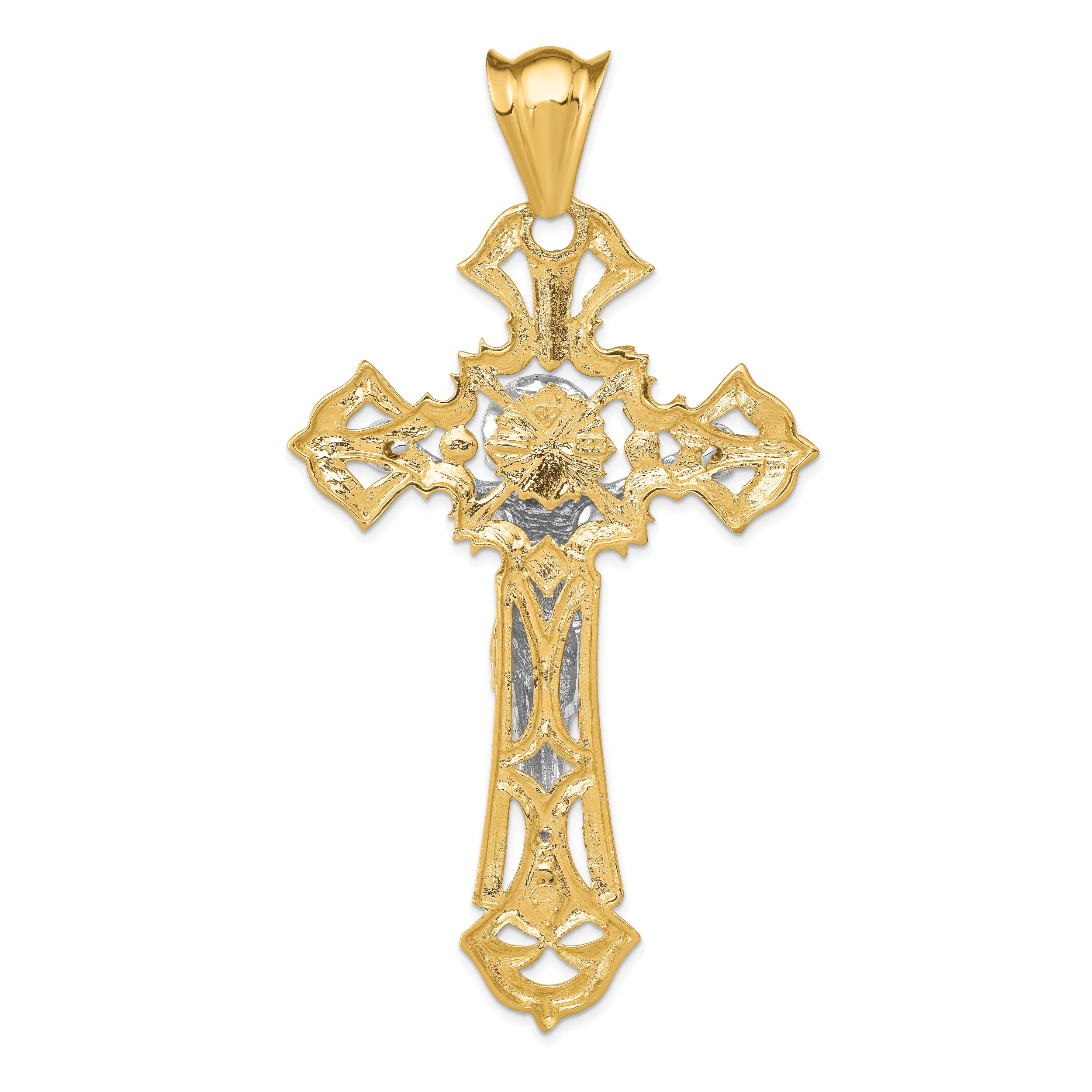 14K Two-Tone Gold Crucifix Pendant with Red CZs Polished Elegance