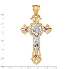 14K Two-Tone Gold Crucifix Pendant with Red CZs Polished Elegance