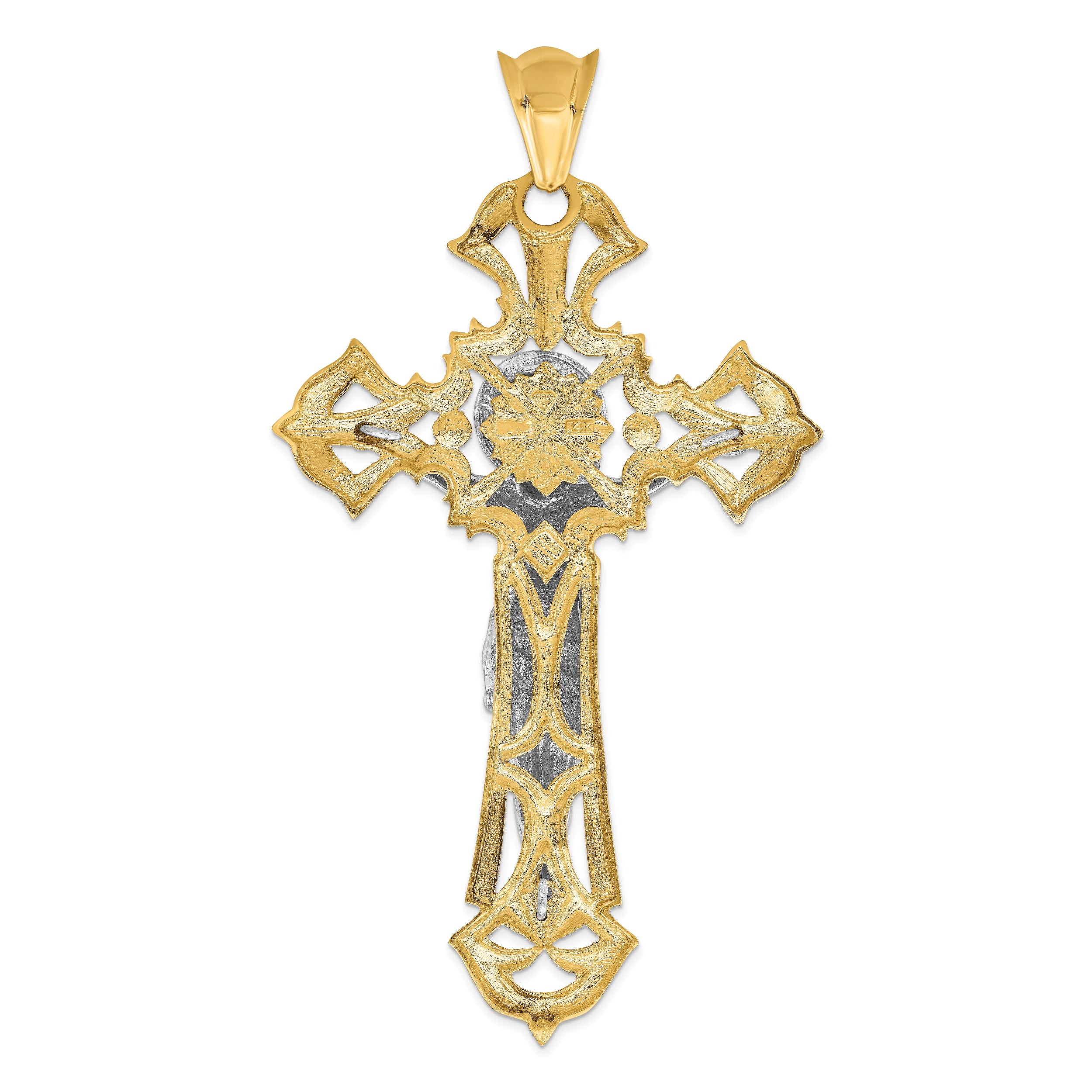 14k Two-tone Polished with Red CZs Crucifix Pendant