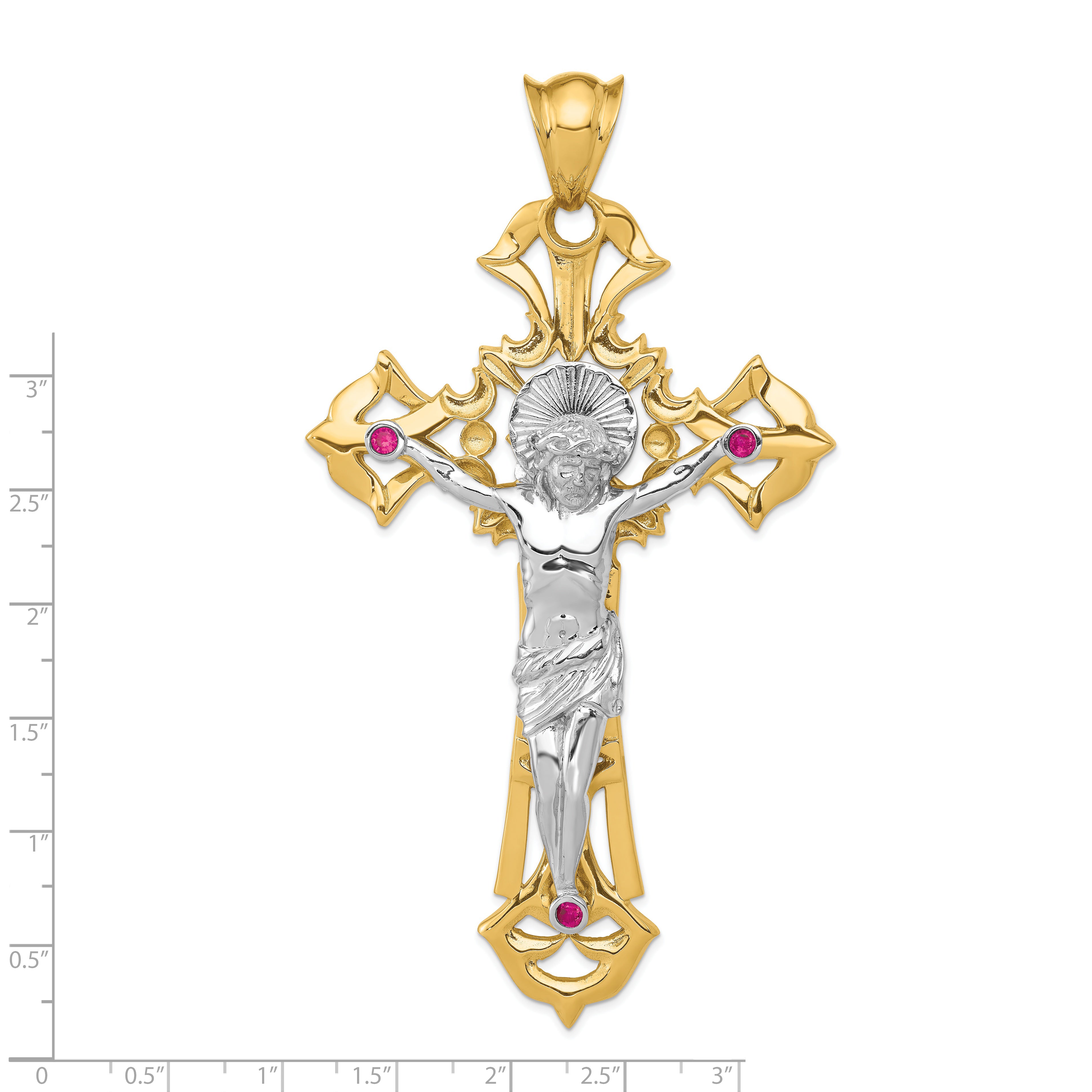 14k Two-tone Polished with Red CZs Crucifix Pendant