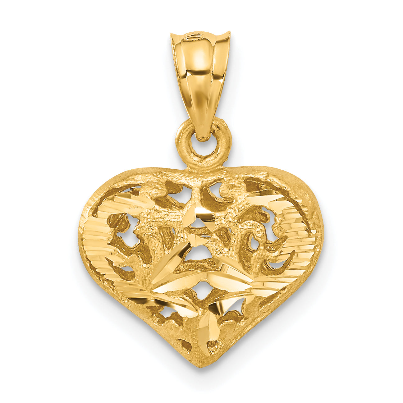 14K Gold Puffed Heart Pendant with 3D Filigree Design by Sophia Jewelers