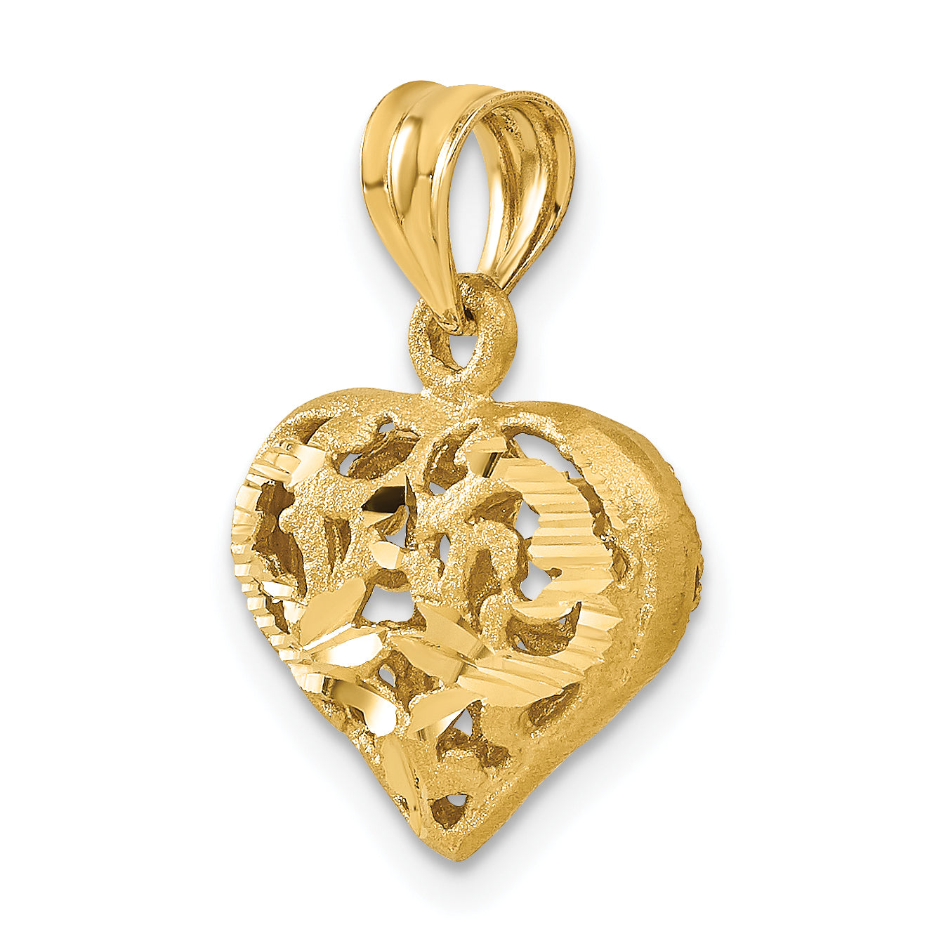 14K Gold Puffed Heart Pendant with 3D Filigree Design by Sophia Jewelers