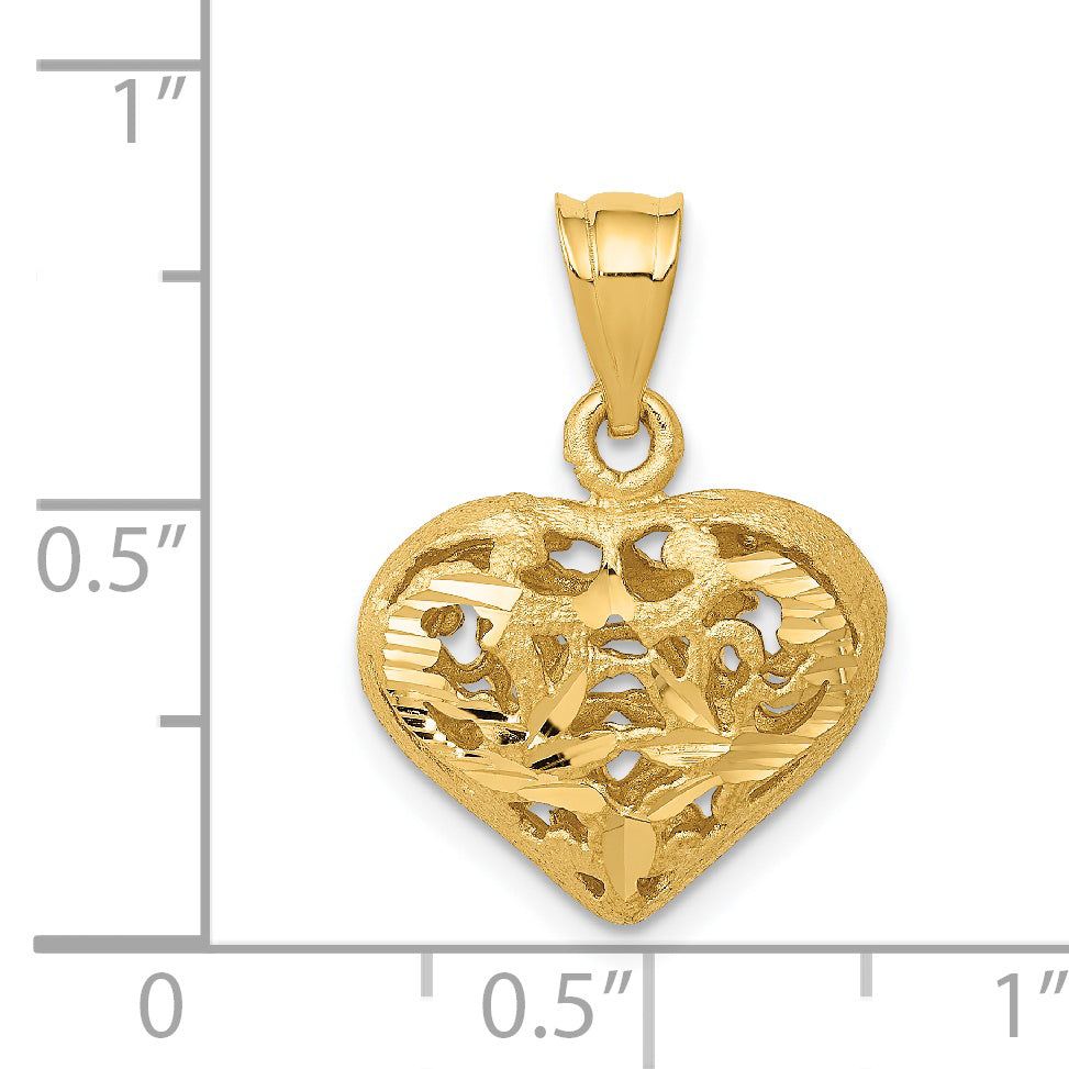 14K Gold Puffed Heart Pendant with 3D Filigree Design by Sophia Jewelers