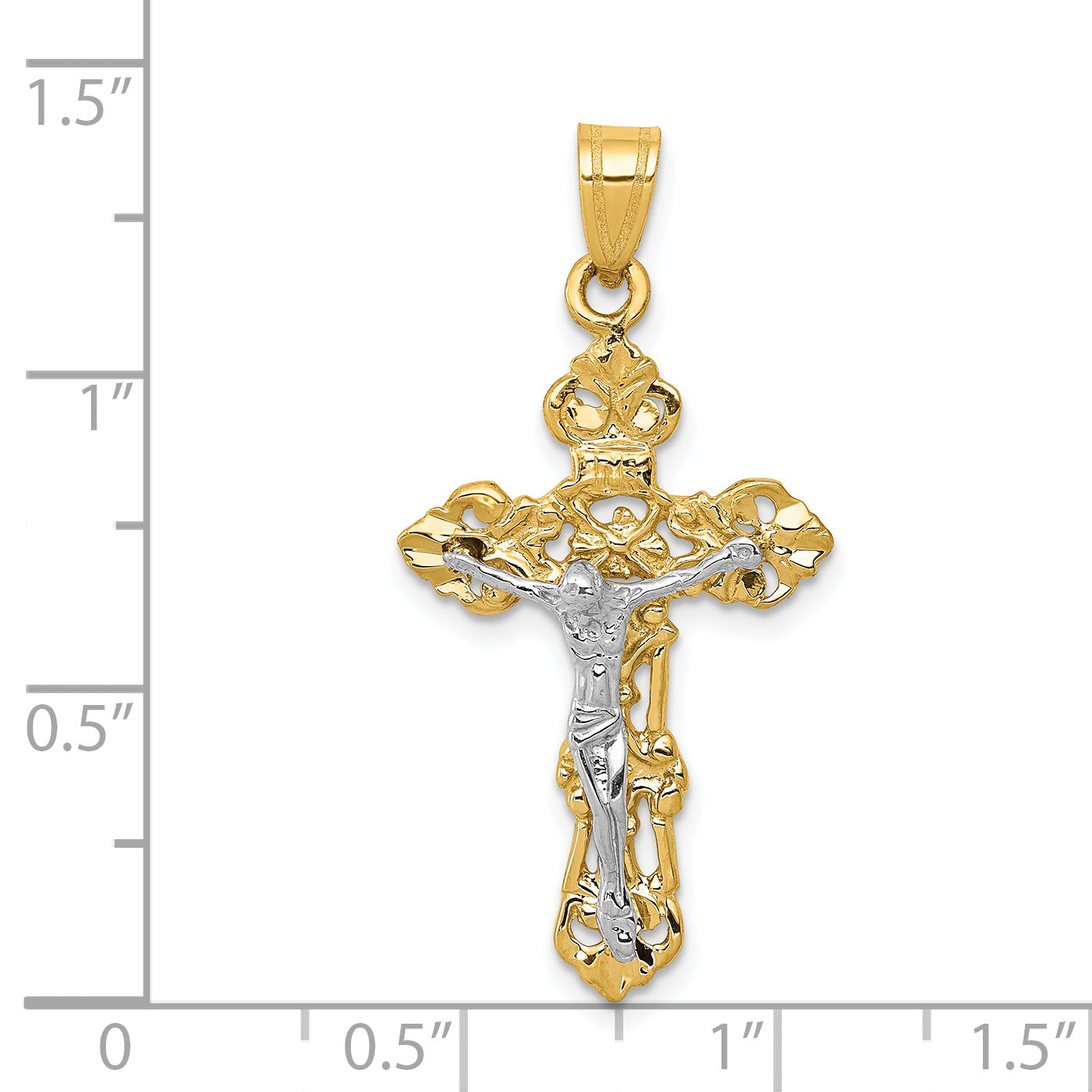 14K Two Tone Gold Fleur De Lis Crucifix Pendant Elegant Unisex Design