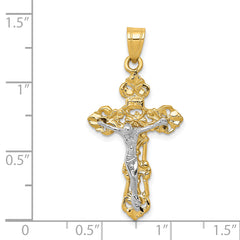 14K Two Tone Gold Fleur De Lis Crucifix Pendant Elegant Unisex Design