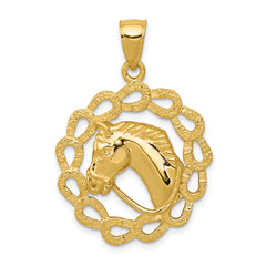 14k Solid Polished Horse Head in Horseshoes Pendant