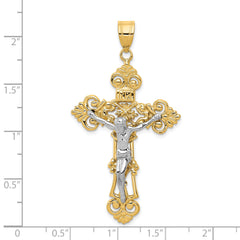 14K Two-Tone Gold Fleur De Lis Crucifix Pendant Elegant Themed Design