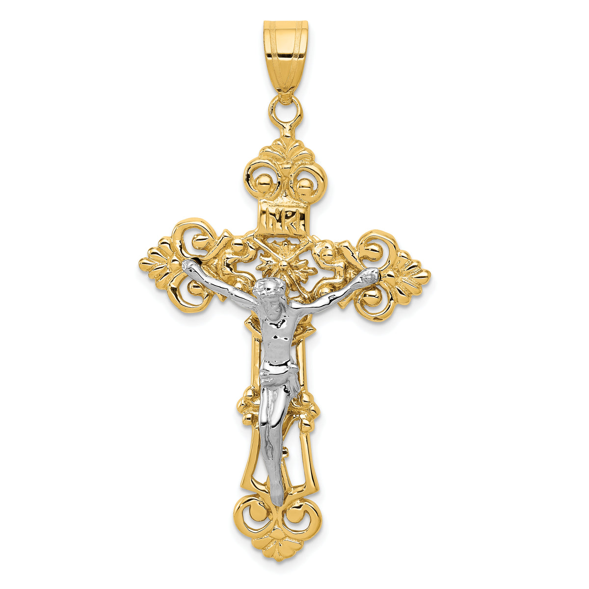 14k Two-tone INRI Fleur De Lis Crucifix Pendant