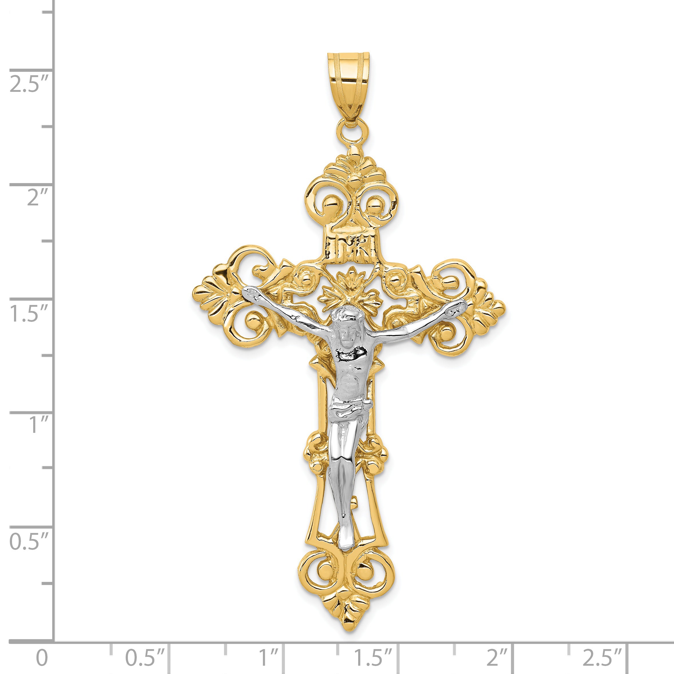 14k Two-tone INRI Fleur De Lis Crucifix Pendant