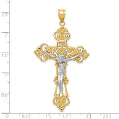 14K Two-Tone Gold Fleur De Lis Crucifix Pendant Elegant Themed Design