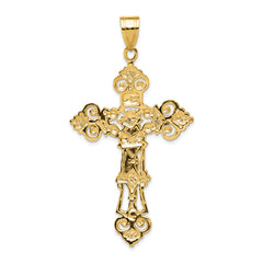 14K Gold Fleur De Lis INRI Crucifix Pendant Elegant Themed Jewelry