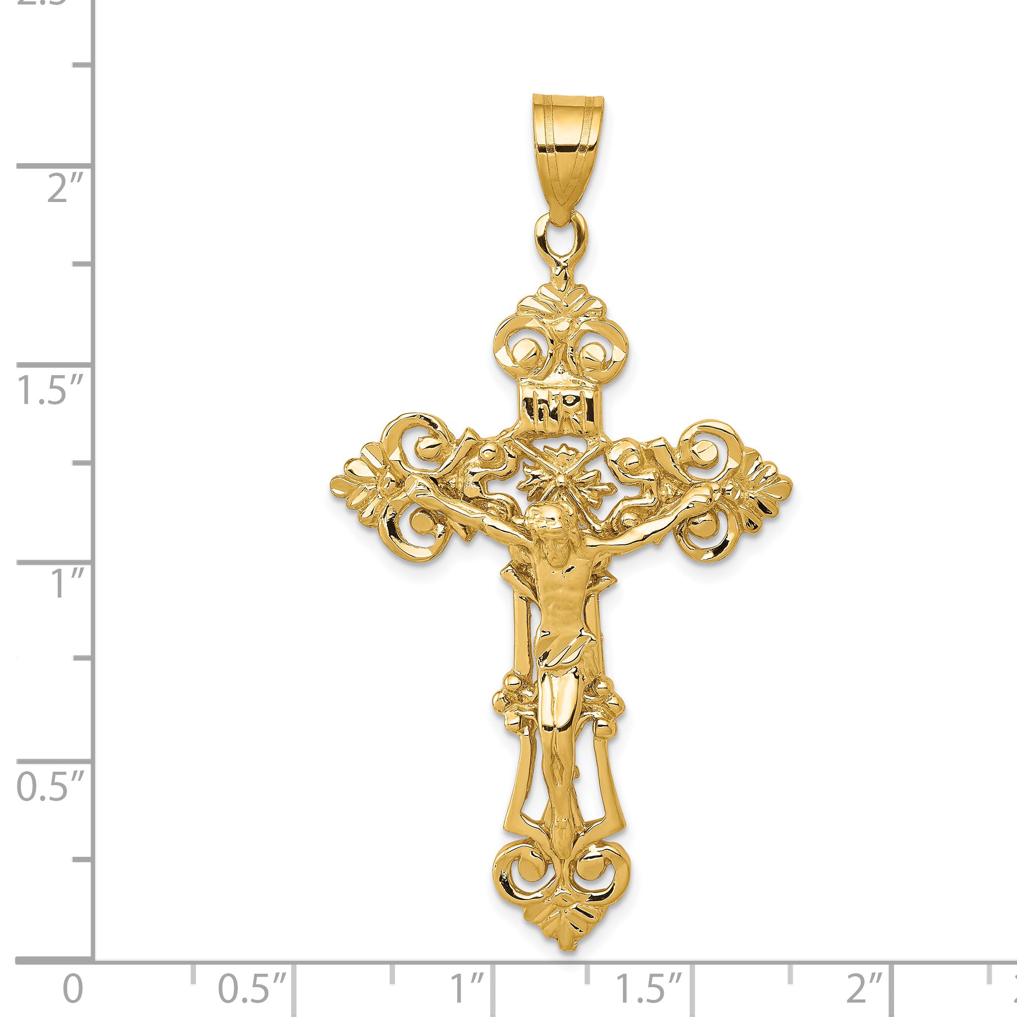 14K Gold Fleur De Lis INRI Crucifix Pendant Elegant Themed Jewelry