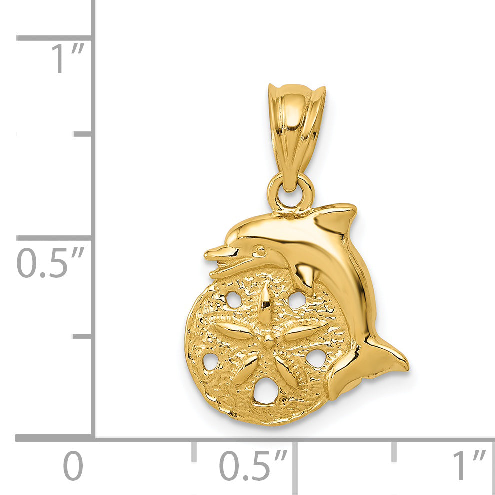 14K Gold Dolphin and Sanddollar Men's Charm Polished Textured Elegance