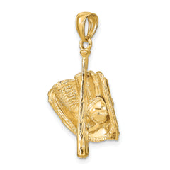 14K Gold 3D Glove, Bat, and Baseball Pendant for Men  Polished Finish