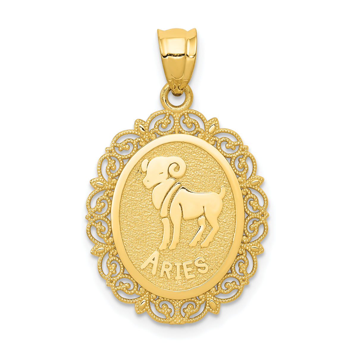 14k Solid Satin Polished Aries Zodiac Oval Pendant