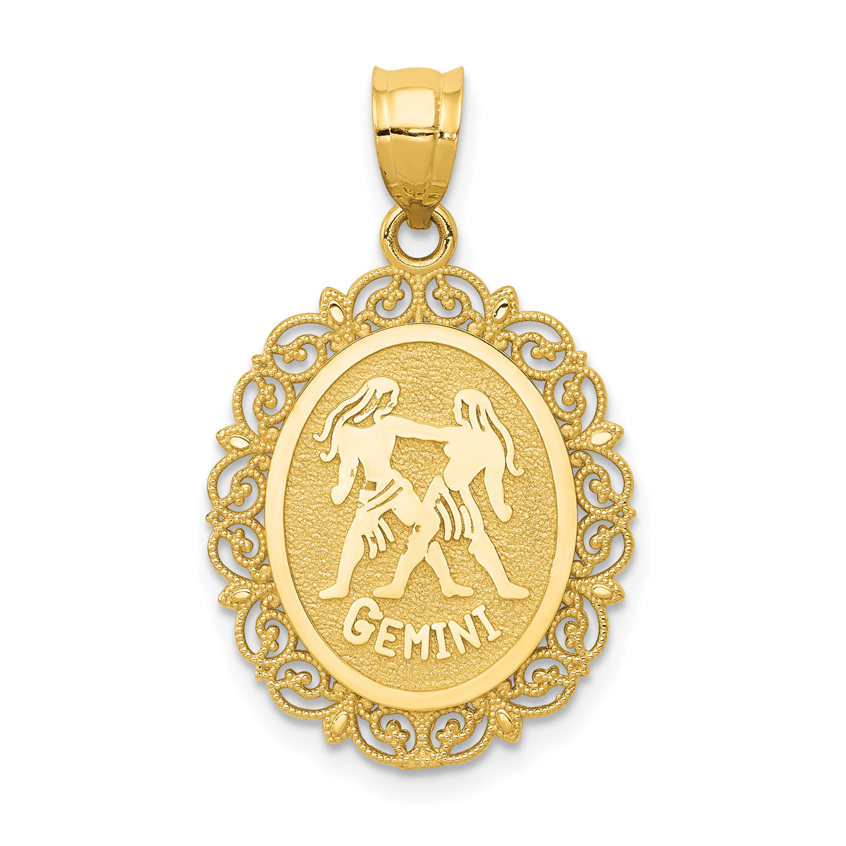 14k Solid Satin Polished Gemini Zodiac Oval Pendant