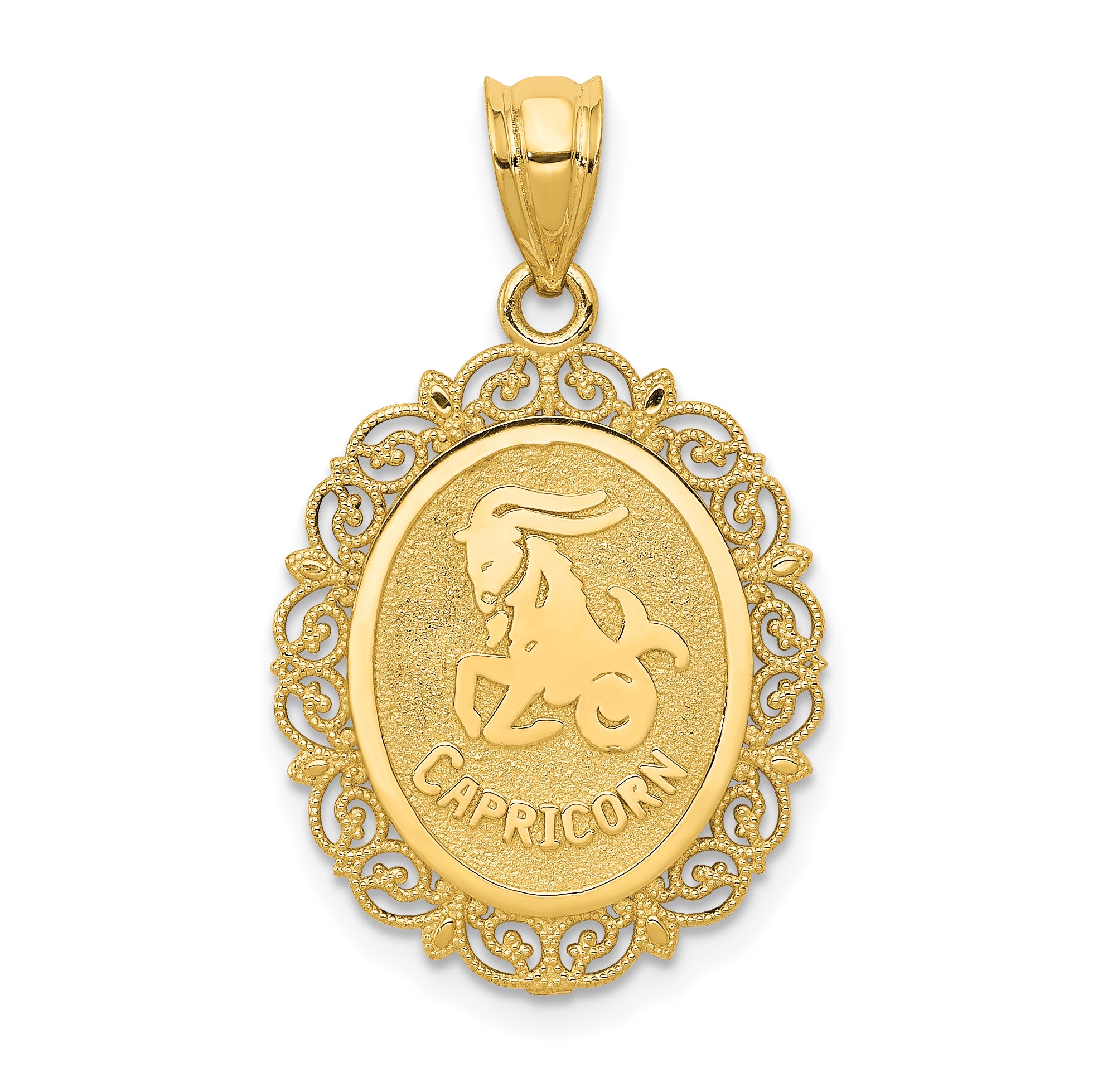 14k Solid Satin Polished Capricorn Zodiac Oval Pendant