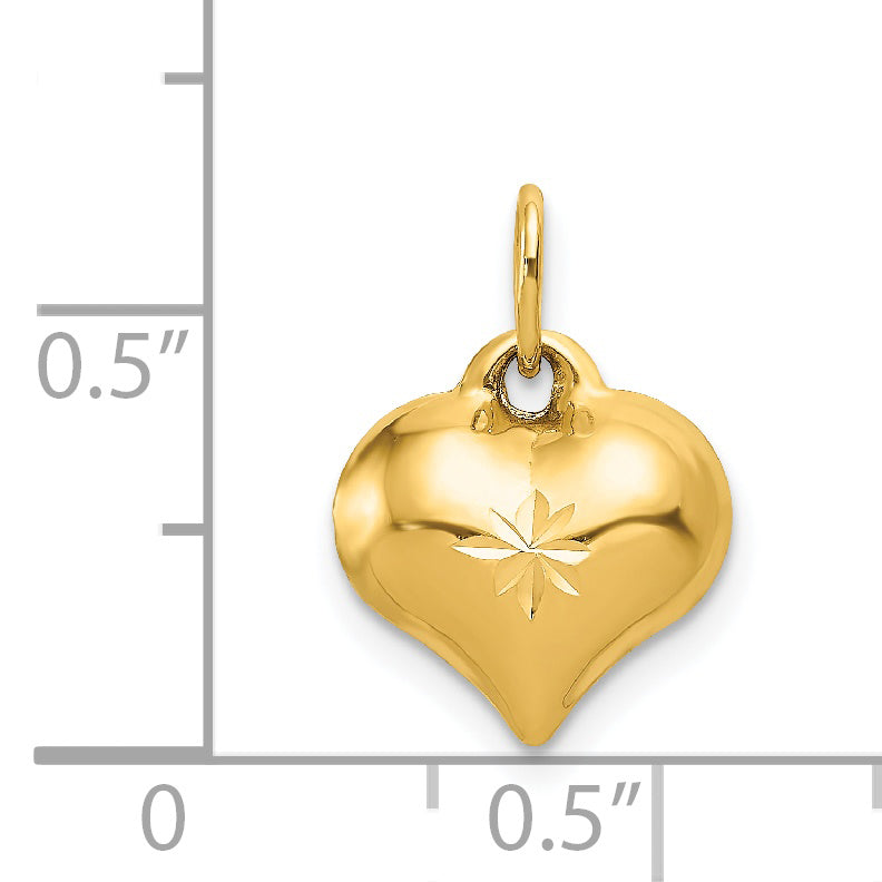 14K Gold Polished 3D Diamond-Cut Puffed Heart Charm  Elegant, Hollow Design