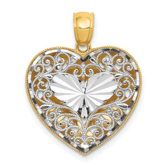 14K Two-Tone Gold Reversible Filigree Heart Pendant with Polished Diamond-Cut Design