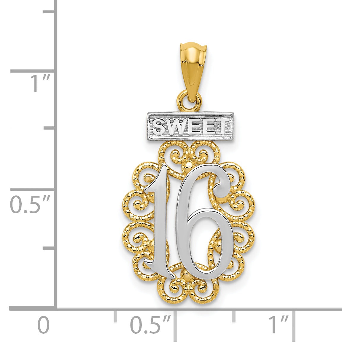 14K Gold Filigree Sweet 16 Pendant with Rhodium Accents