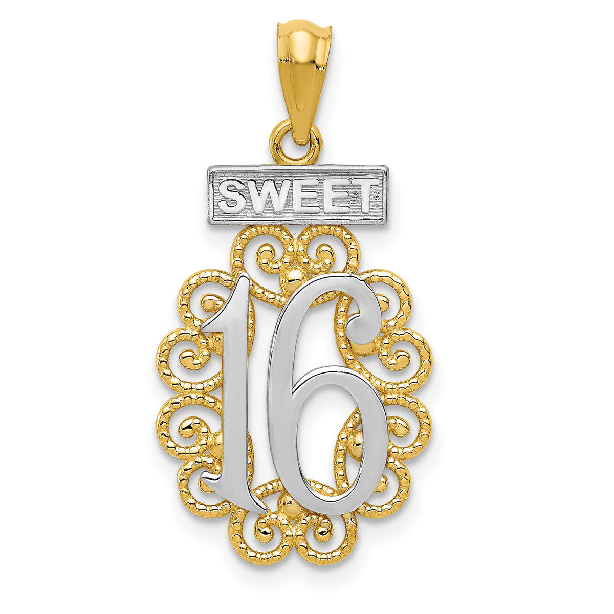 14k w/Rhodium Filigree SWEET 16 Pendant