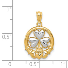 14K Rhodium-Plated Gold Shamrock Claddagh Pendant with Polished Finish