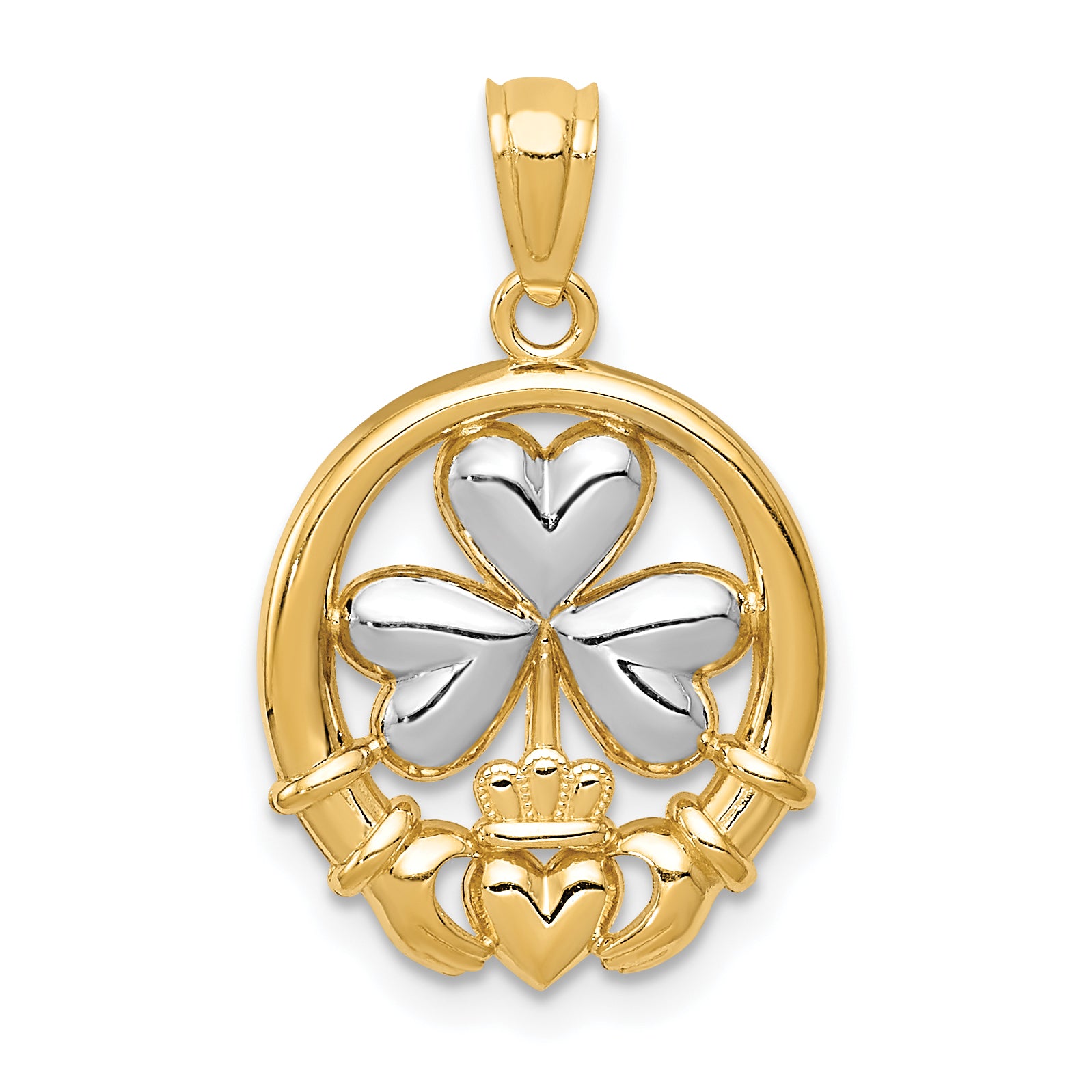 14k Rhodium-plated Shamrock and Claddagh Pendant