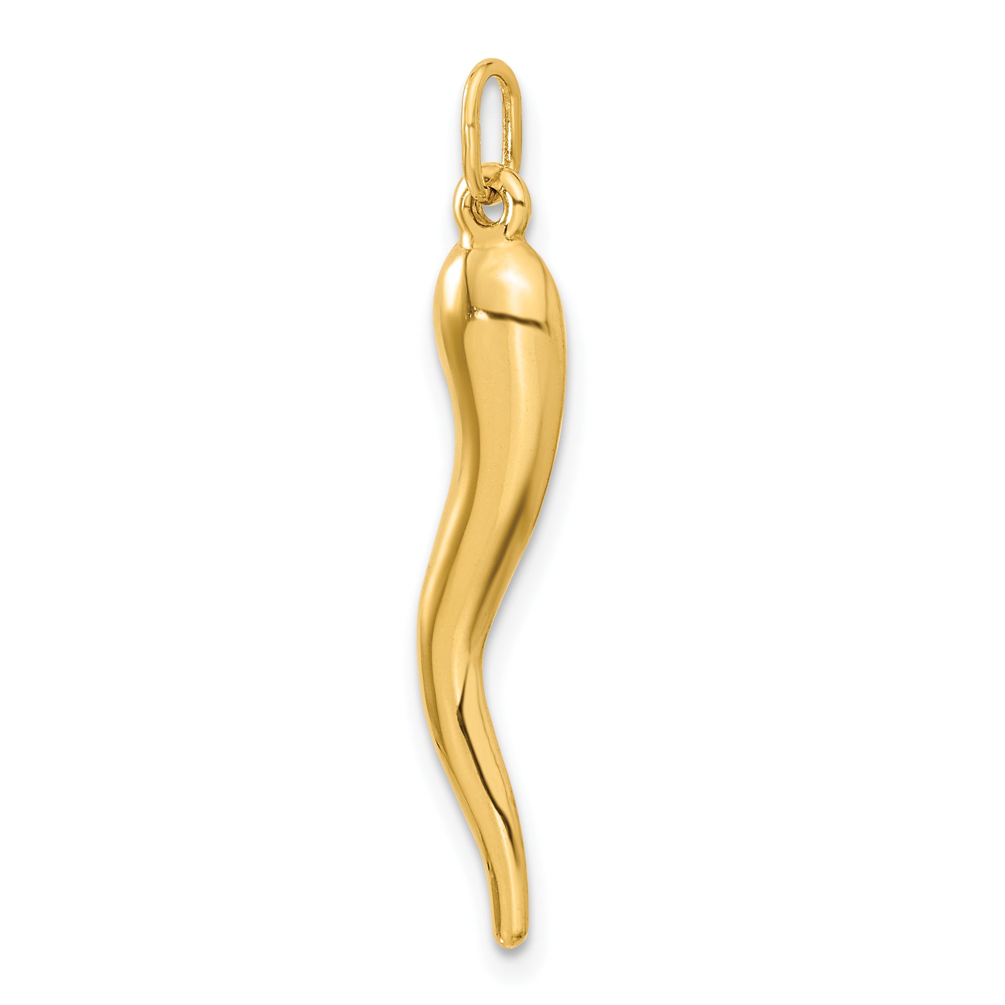 14K Gold Italian Horn Pendant with 3D Design, Polished Finish 30mm