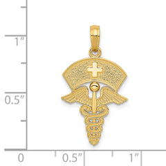 14K Gold Caduceus Nurses Cap Pendant with Polished Textured Design