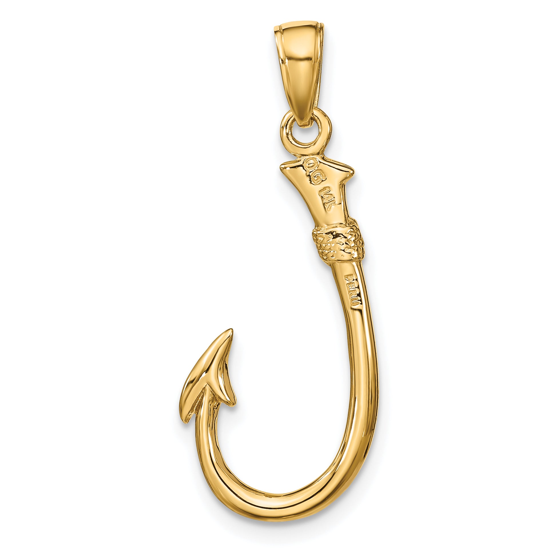 14K Gold 3D Fishing Hook Pendant for Men Solid and Casted