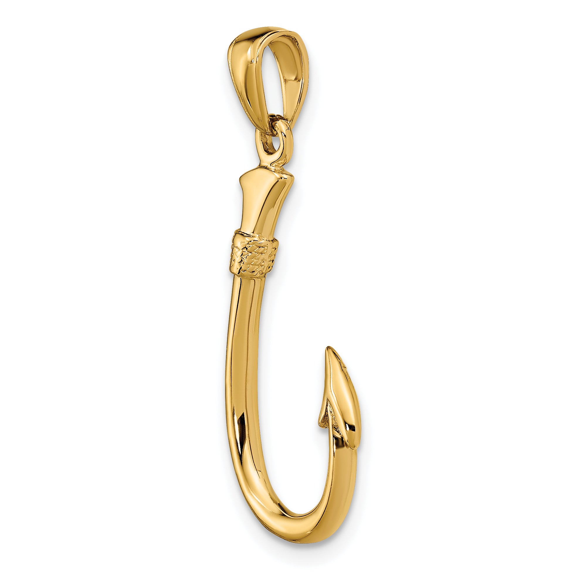 14K Gold 3D Fishing Hook Pendant for Men Solid and Casted