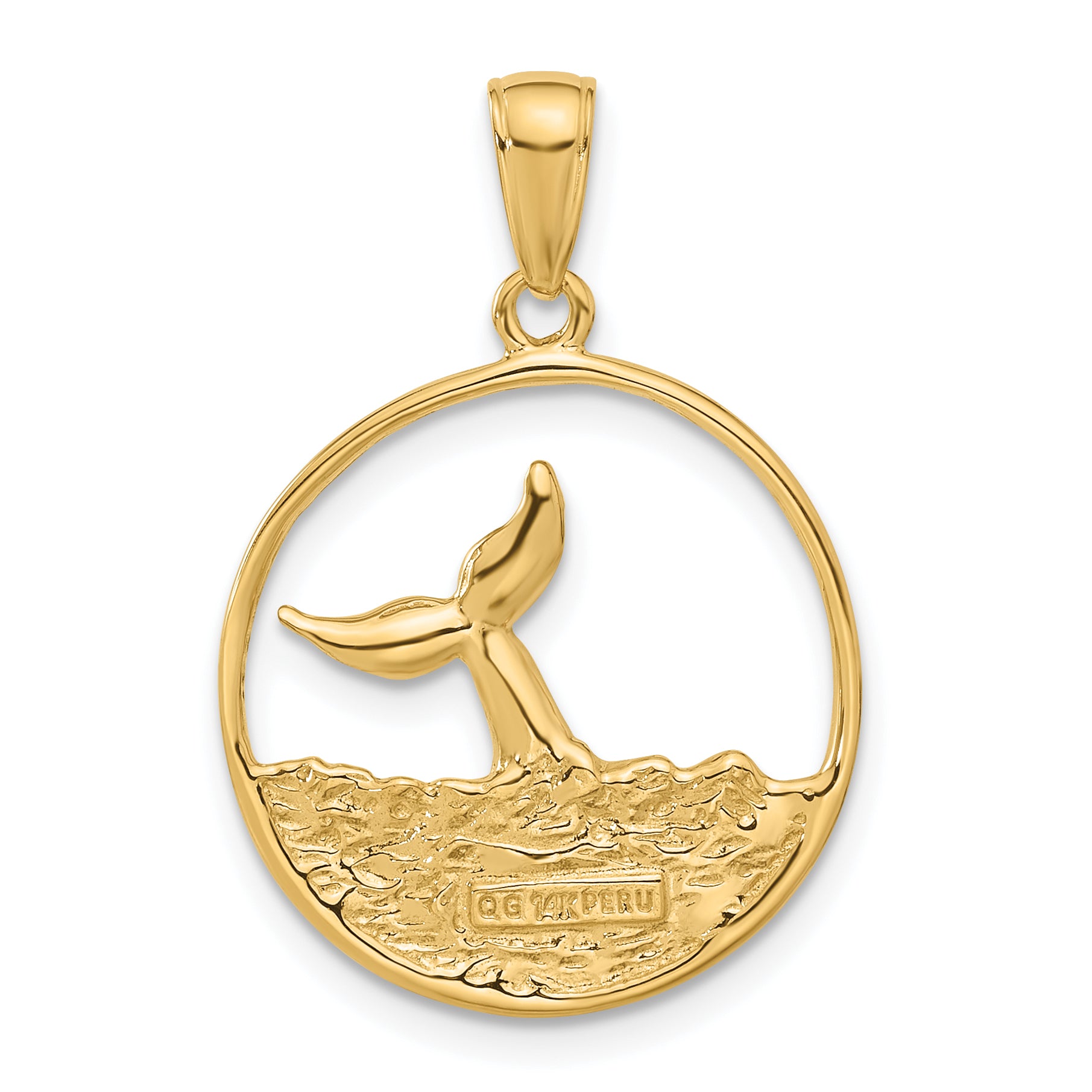 14k Whale Tail in Circle with Waves Pendant