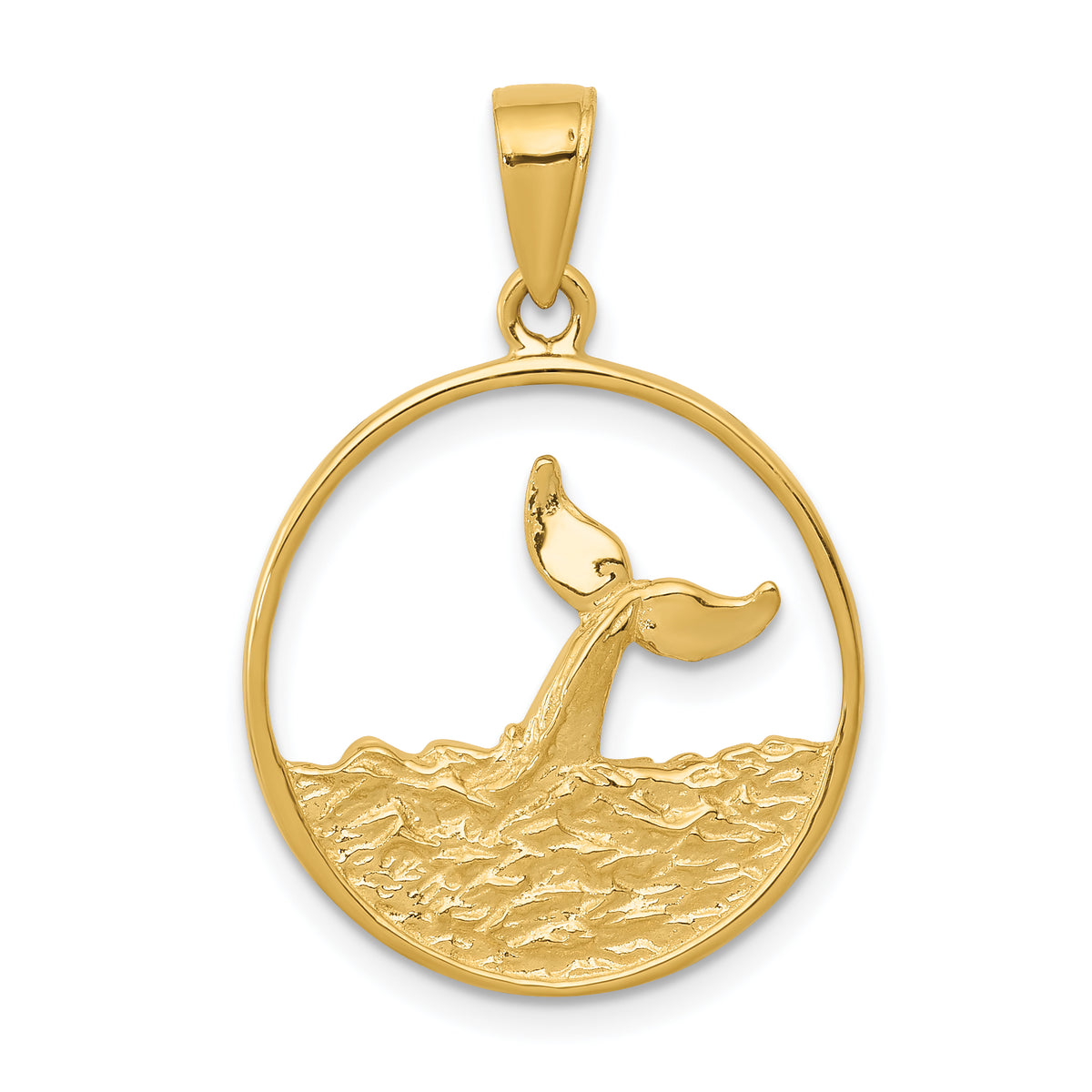 14k Whale Tail in Circle with Waves Pendant