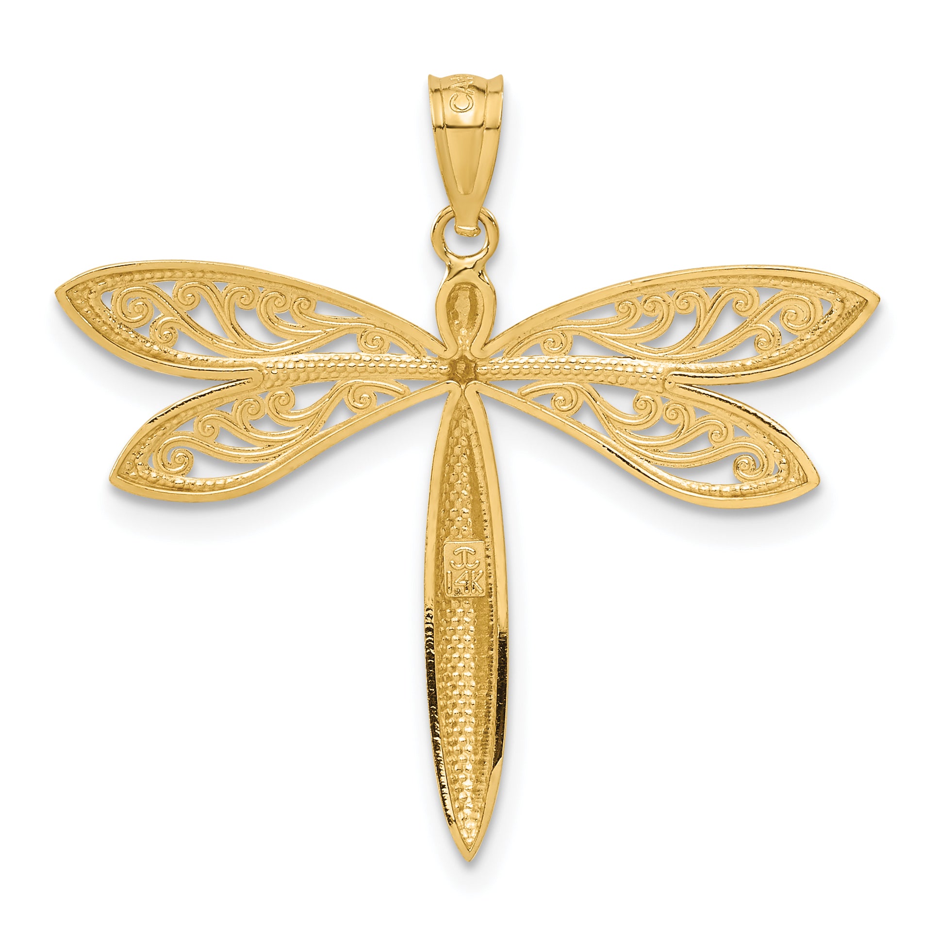 14K Gold Dragonfly Pendant with Rhodium Accents Polished Textured Finish