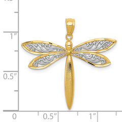 14K Gold Dragonfly Pendant with Rhodium Accents Polished Textured Finish