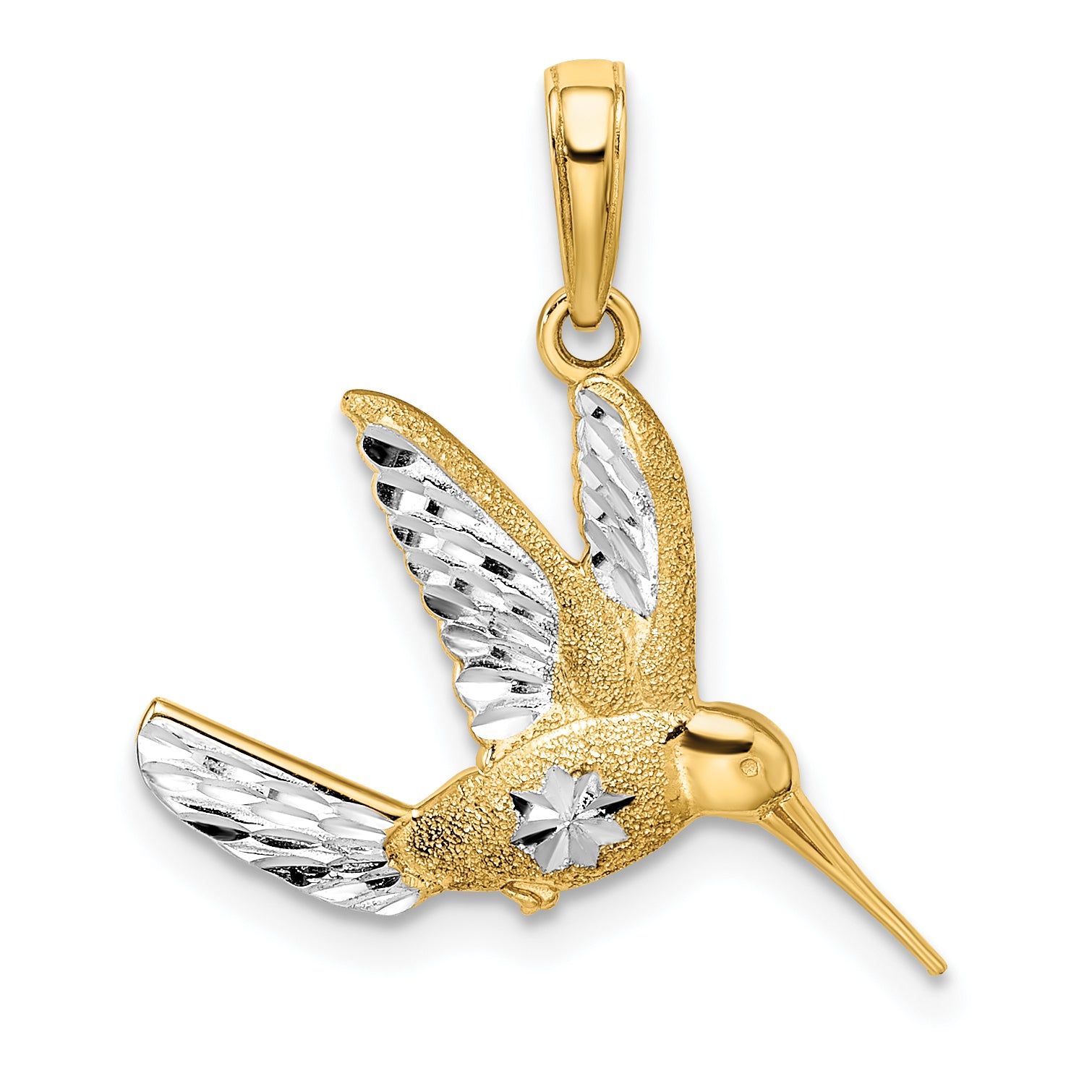 14k w/Rhodium Diamond-cut Humming Bird Pendant