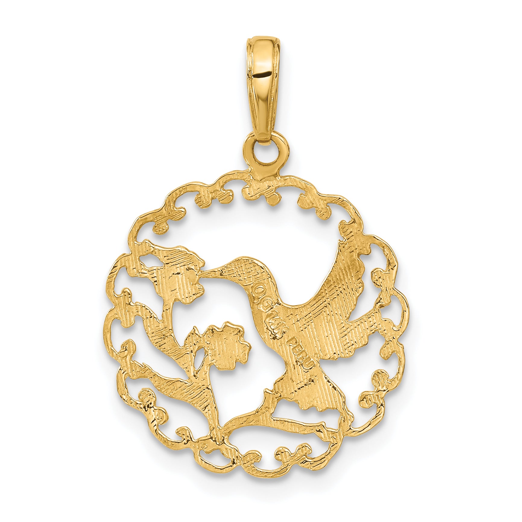 14K Gold Hummingbird Pendant in Polished Round Frame Elegant Design