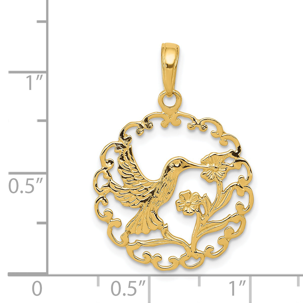 14K Gold Hummingbird Pendant in Polished Round Frame Elegant Design