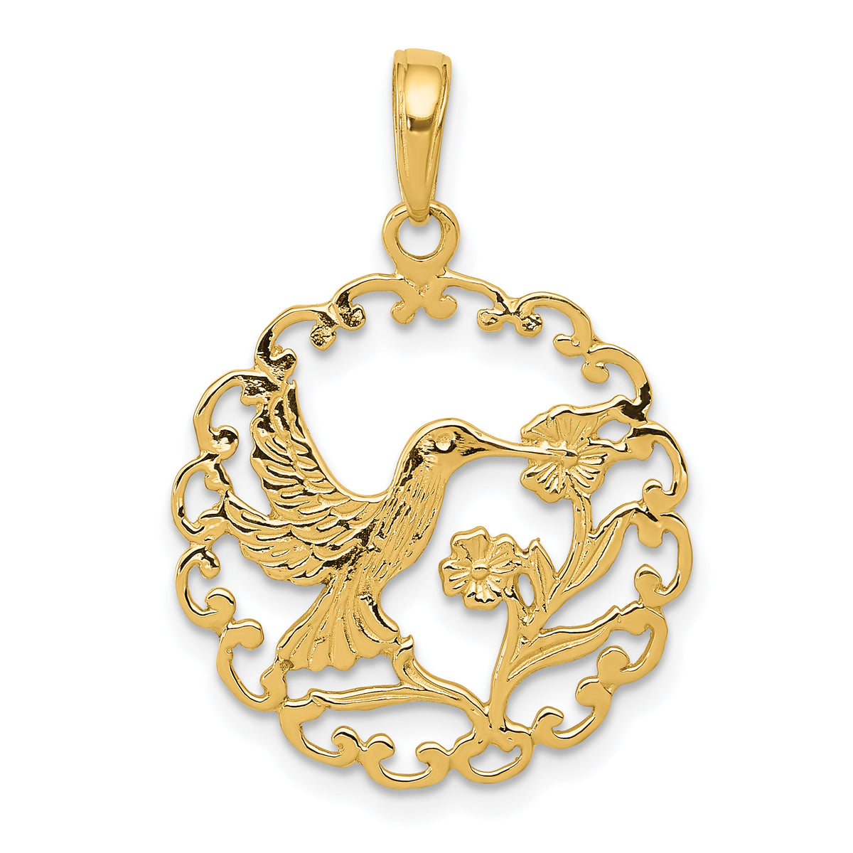 14k Hummingbird in Round Frame Pendant