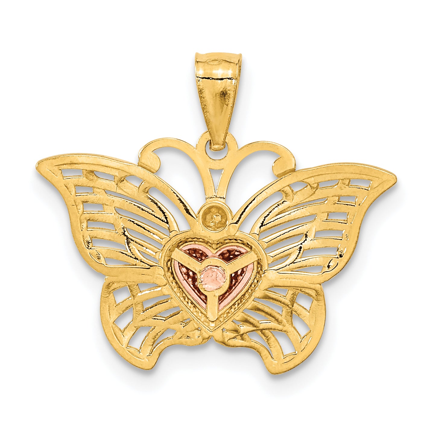 14K Two-Tone Gold Butterfly Heart Pendant with White Rhodium Detailing, Polished Finish