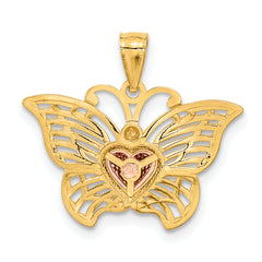 14K Two-Tone Gold Butterfly Heart Pendant with White Rhodium Detailing, Polished Finish