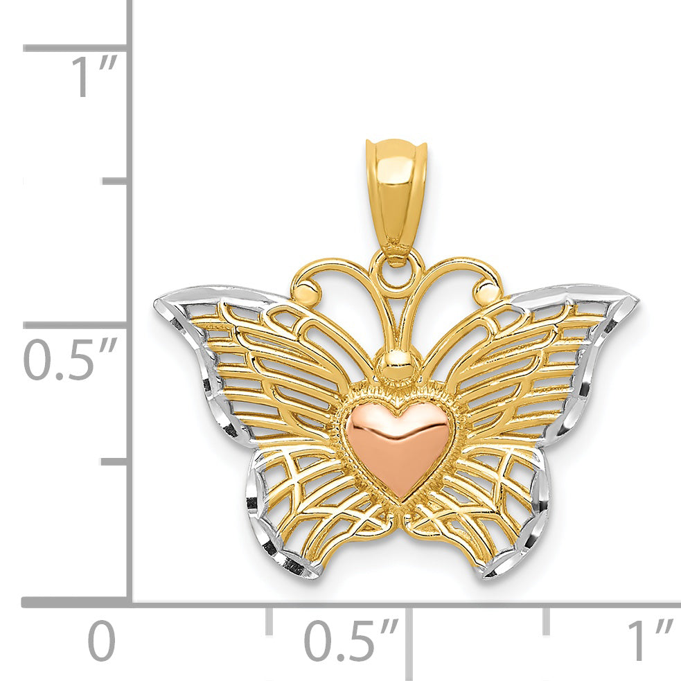 14K Two-Tone Gold Butterfly Heart Pendant with White Rhodium Detailing, Polished Finish