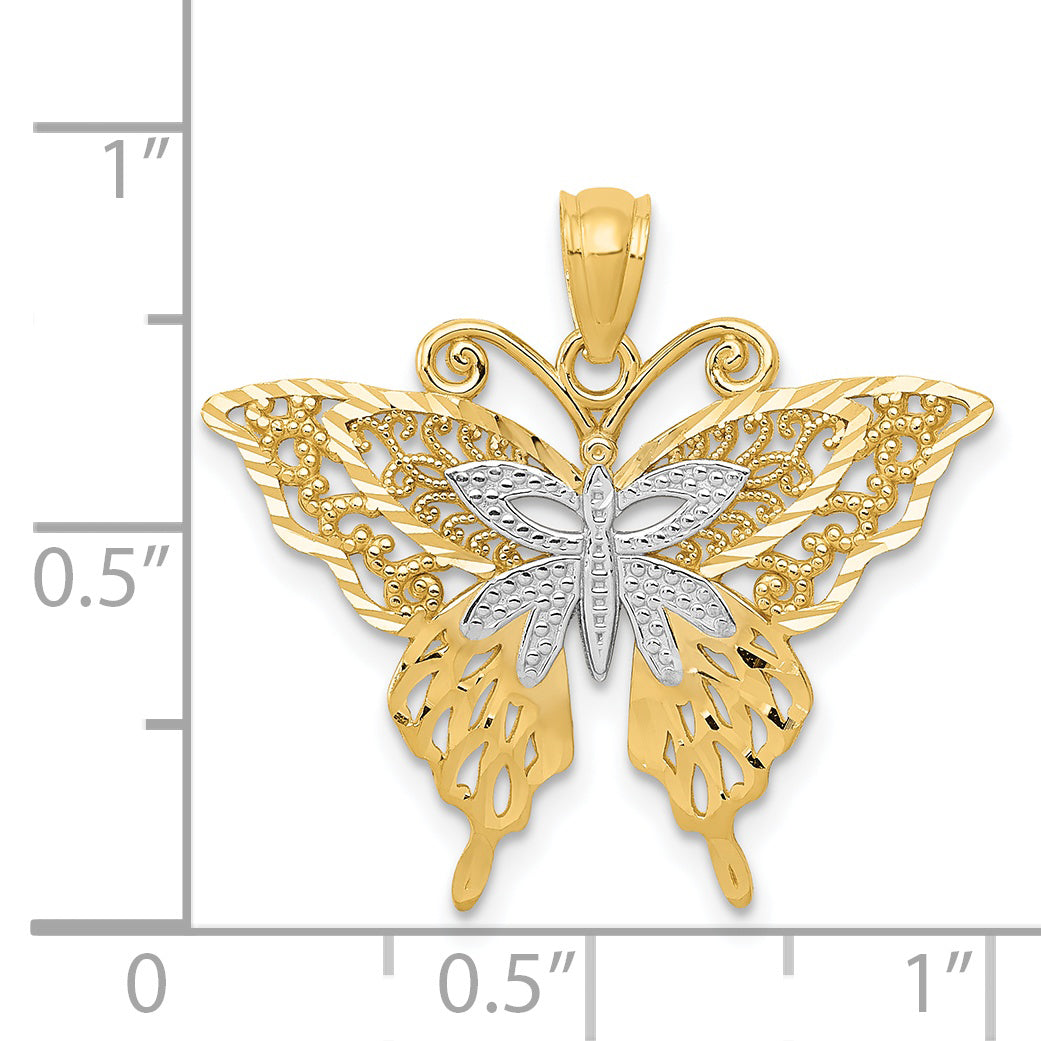 14K Gold Fancy Butterfly Pendant with Rhodium Accents and Polished Finish