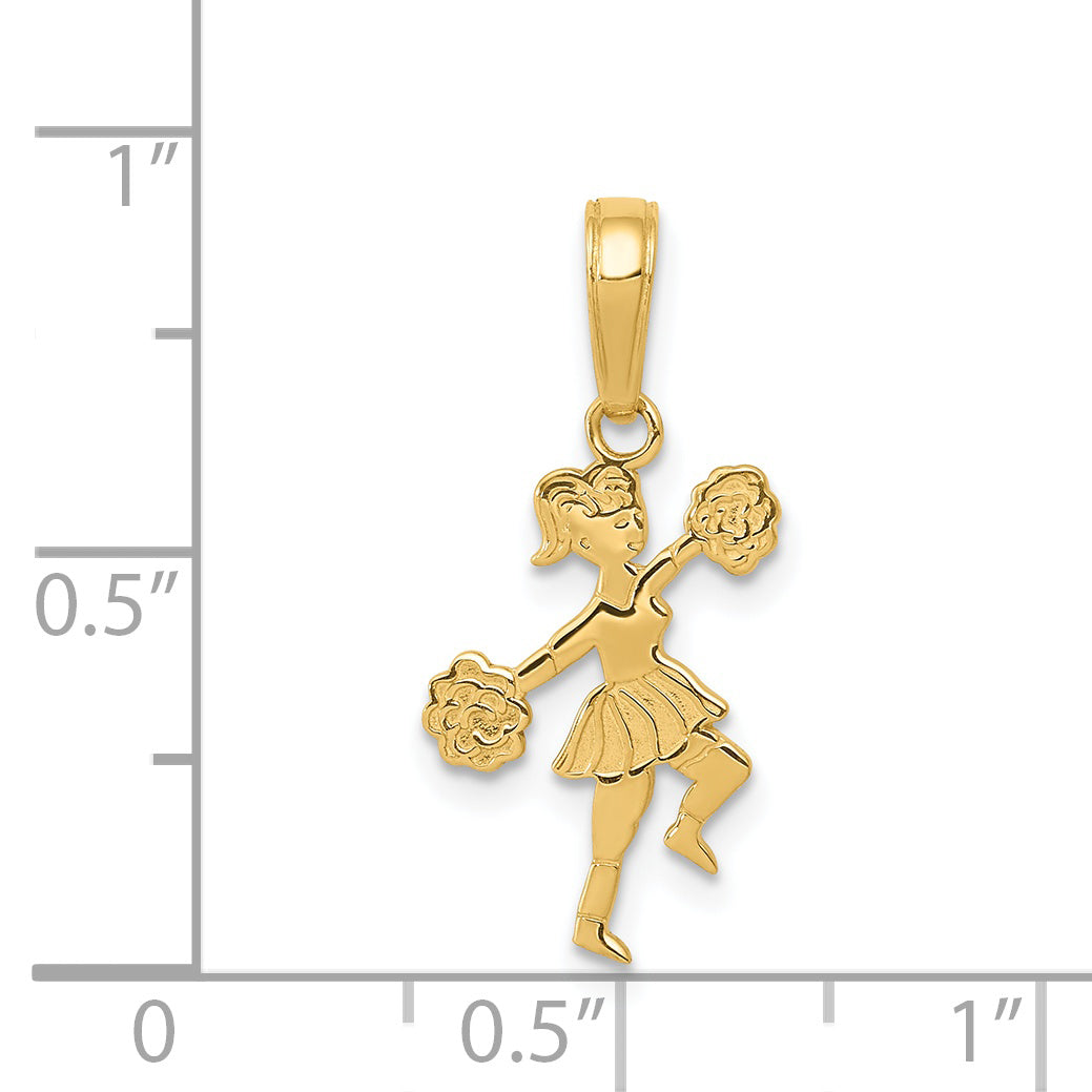 14K Gold Cheerleader with Pom-Poms Pendant, Polished & Solid Cast