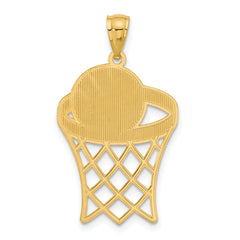 14K Gold Basketball in Hoop Pendant with Diamond-Cut Polished Design for Men