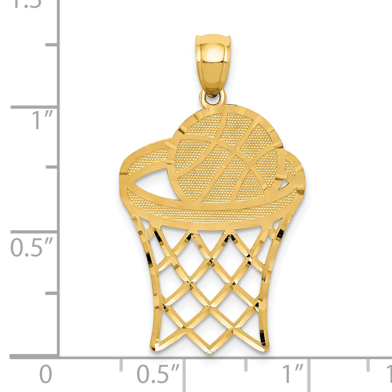 14K Gold Basketball in Hoop Pendant with Diamond-Cut Polished Design for Men